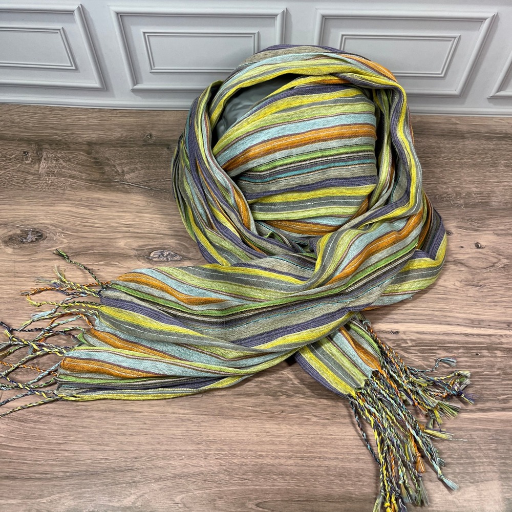 Striped Scarf Womens OS‎ Multicolor Boho Gauze Tassel Fringe Woven